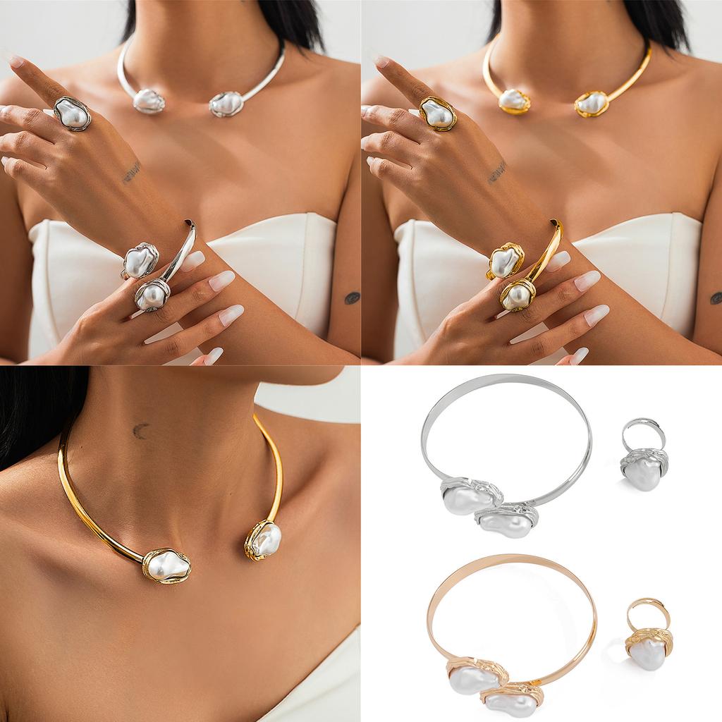 Fashionable Irregular Imitation Pearls Rings and Bracelet In French Baroque Designs Jewelry Accessory for Ladies
