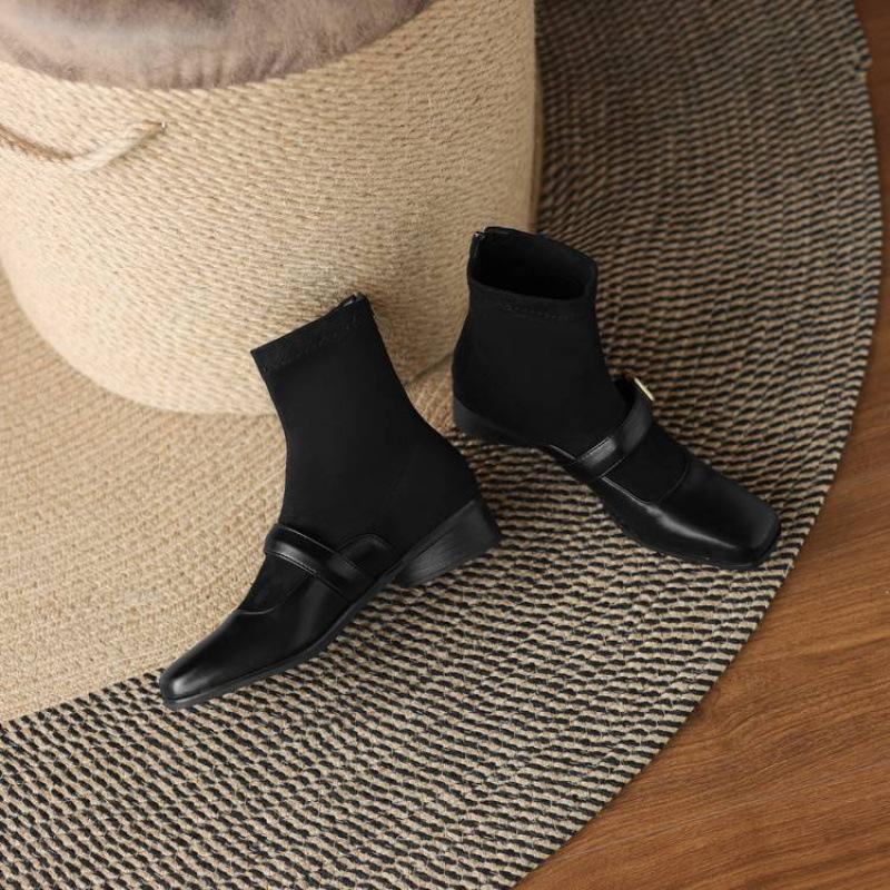 New low-heeled suede elastic medium boots non-slip rubber sole square-heeled large-size women's boots autumn and winter square-head Martin boots