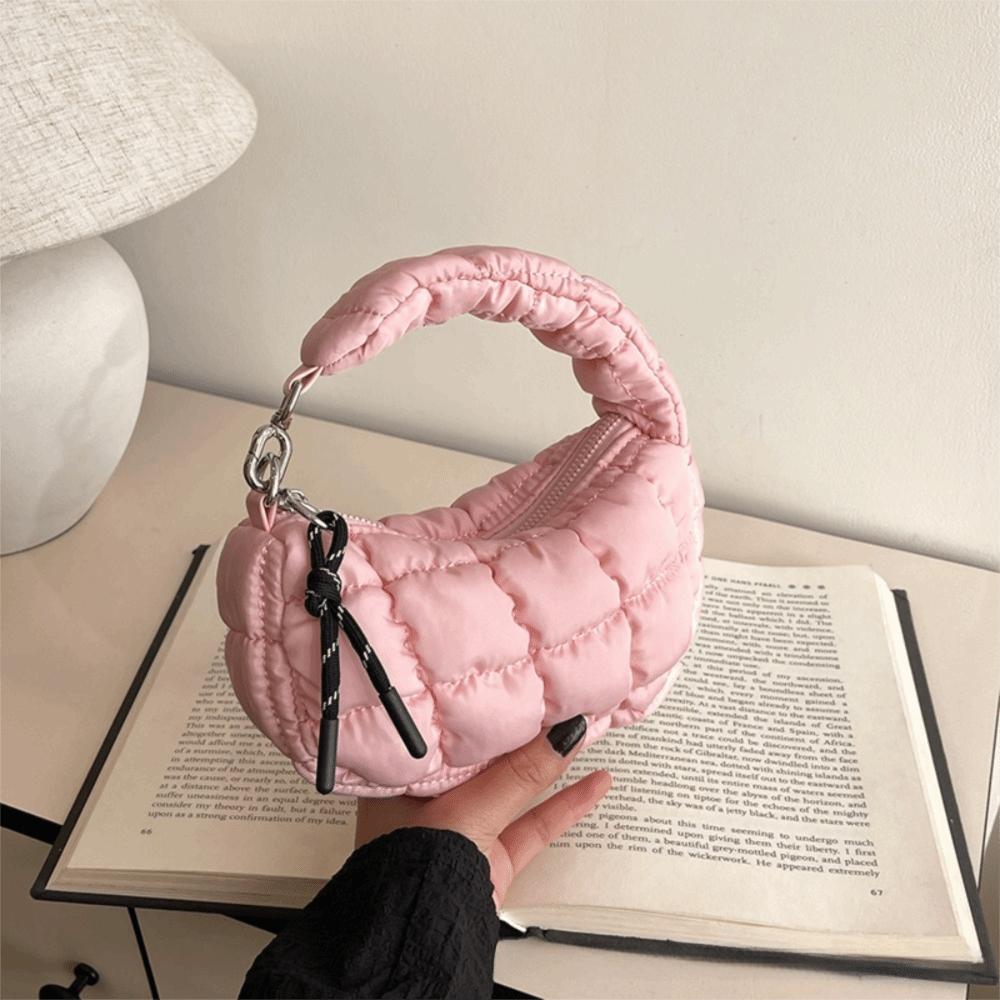 

Fashion with Pendant Puffer Handbag Small Korean Style Tote Bag Solid Color Plaid Handbag Women розовый