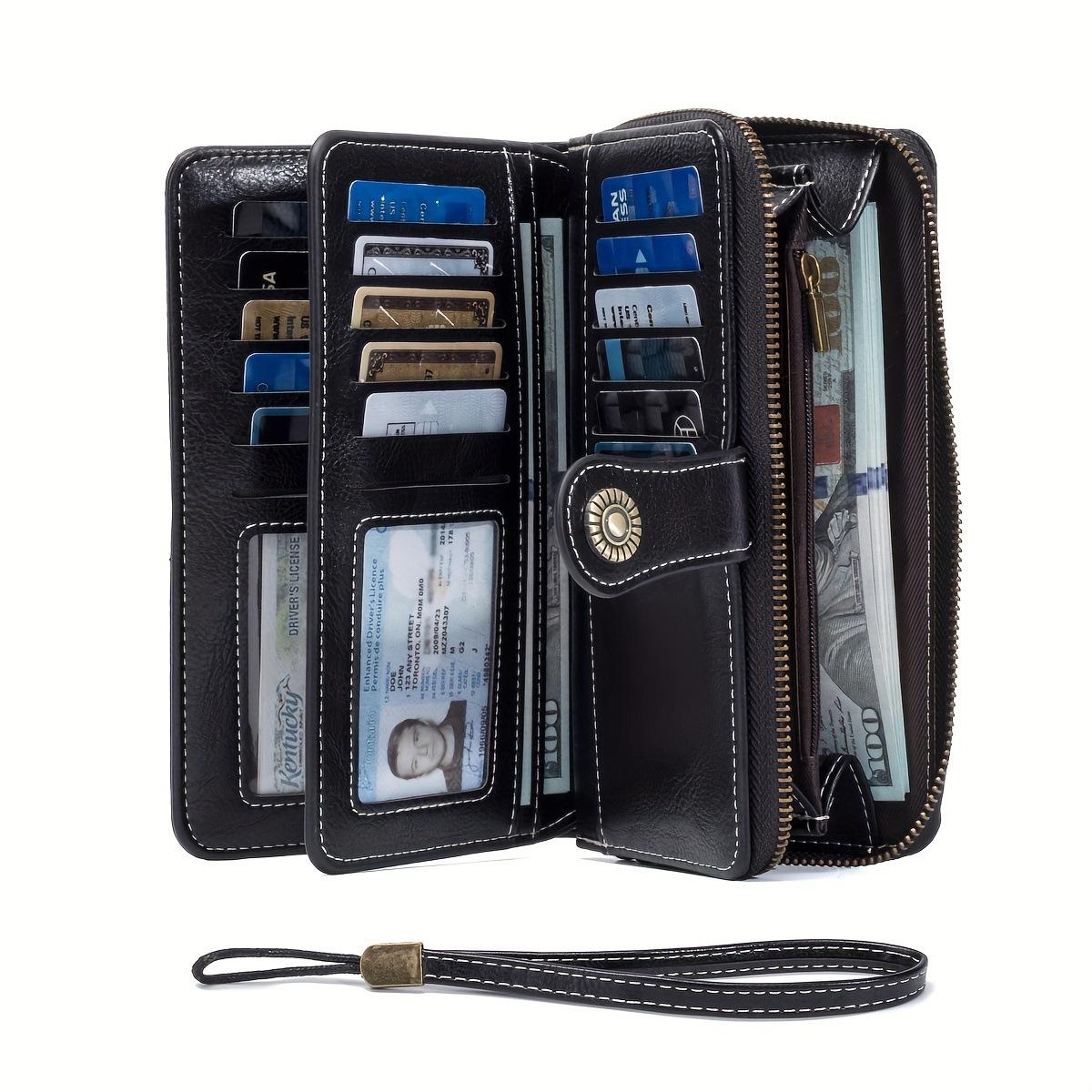 Women Oil-wax cowhide large-capacity wallet long banknote holder anti-theft multi-functional wallet for men чёрный
