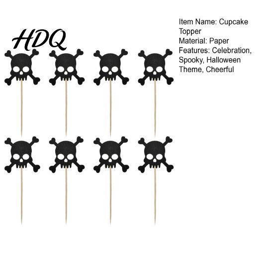 Glitter Black Cake Topper 8 Pcs Halloween Cupcake Picks Spooky Skull Decoration