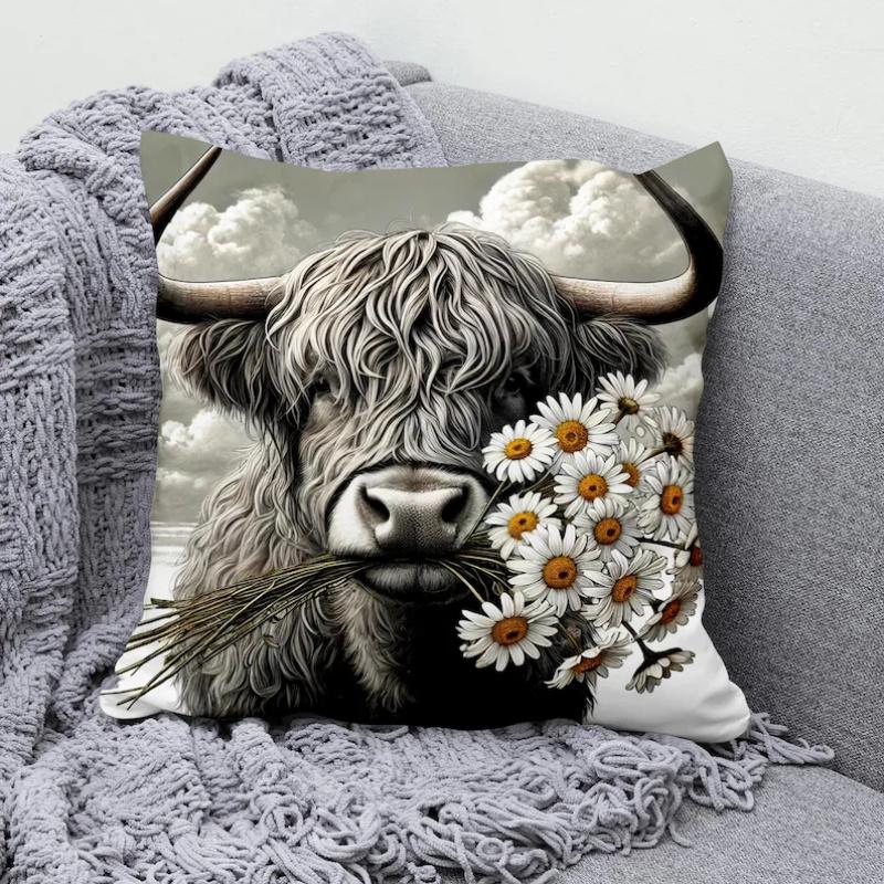 VIKAMA Highland Bovine Pillowcase Invisible Zipper Washable Pillowcase Living Room Sofa Cushion Cover Home Decor