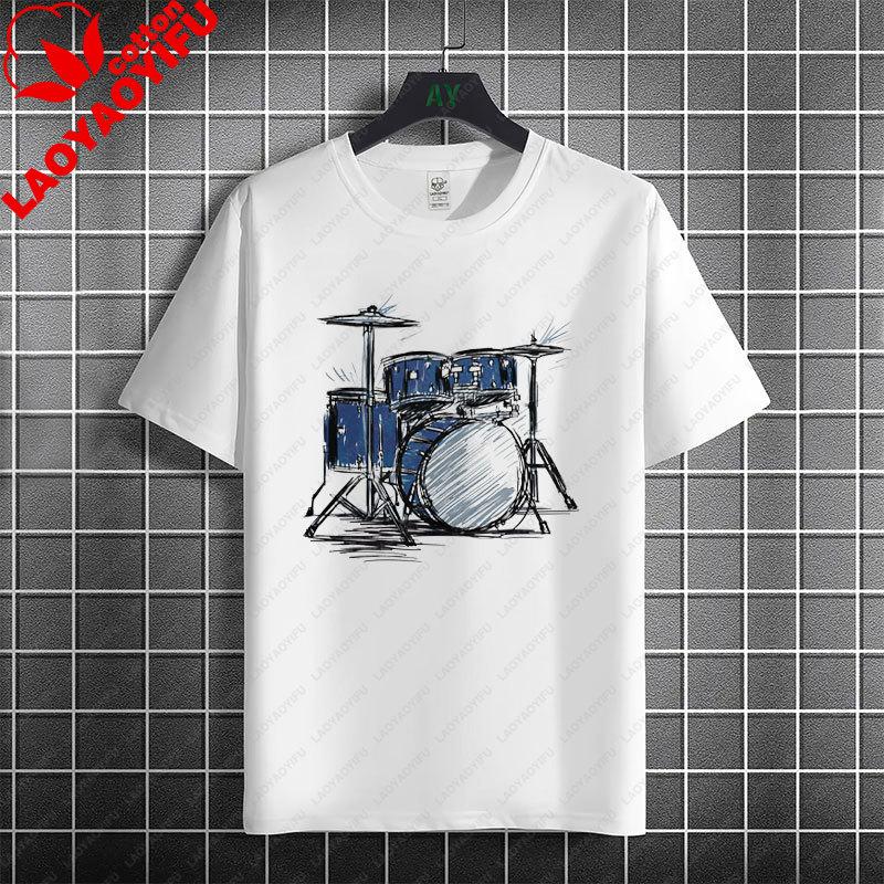 Rock Music Skeleton Drummer  Rock on Drum Kit Graphic Tshirt 100Cotton Short Sleeve Round Neck Humor Style Casual Tshirt