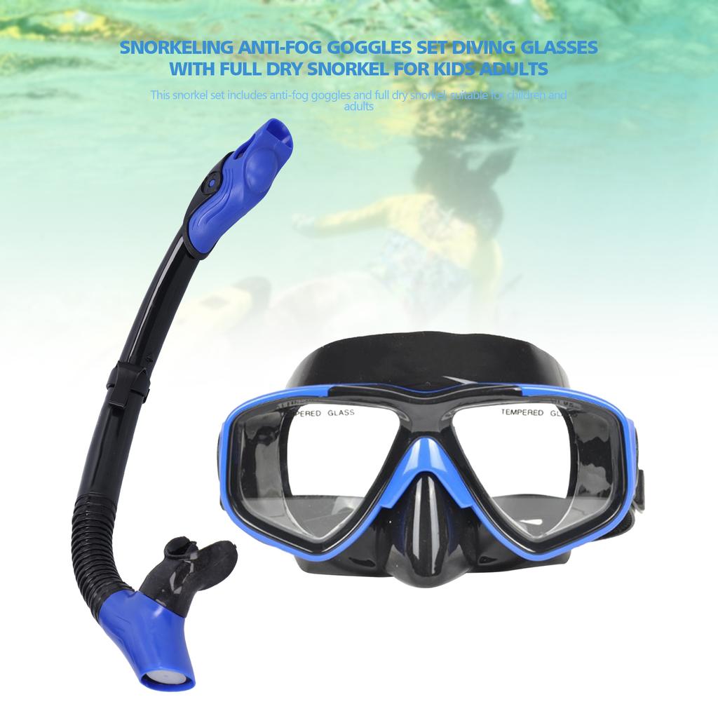 Snorkeling AntiFog Goggles Set Diving Glasses with Full Dry Snorkel for Kids Adults(Blue GogglesSnorkel )
