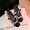 The Same Style As the Grape Mother, French Square Head Tweed, Small Thick Heel Badge, Genuine Leather Mary Jane Single Shoes, Women's Spring and 