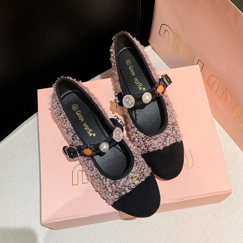 The Same Style As the Grape Mother, French Square Head Tweed, Small Thick Heel Badge, Genuine Leather Mary Jane Single Shoes, Women's Spring and 
