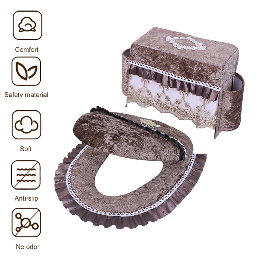 Soft Fabric Toilet Cover Luxurious Flannel Toilet Tank Cover with Lace Trim Side Pockets Soft Plush Toilet Lid for Ultimate