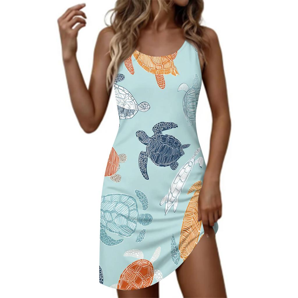 Women's Fashionable Casual Hawaiian Print Round Neck Sleeveless Dress