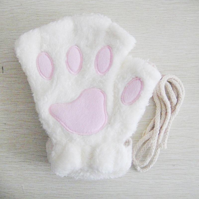 1 Paar Warme Plüsch Winter Katzenpfoten Handschuhe Halbfinger Flauschig Kawaii Tragbar Mode Lieblich Weich