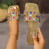 Women's Plus‑Size Colorful Rhinestone Slide Sandals, Ladies Outdoor Summer Fashion Square‑Toe Flat One‑Strap Rhinestone Slippers