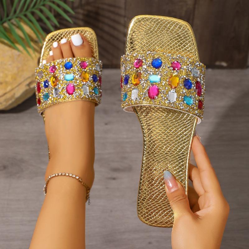 Women's Plus‑Size Colorful Rhinestone Slide Sandals, Ladies Outdoor Summer Fashion Square‑Toe Flat One‑Strap Rhinestone Slippers