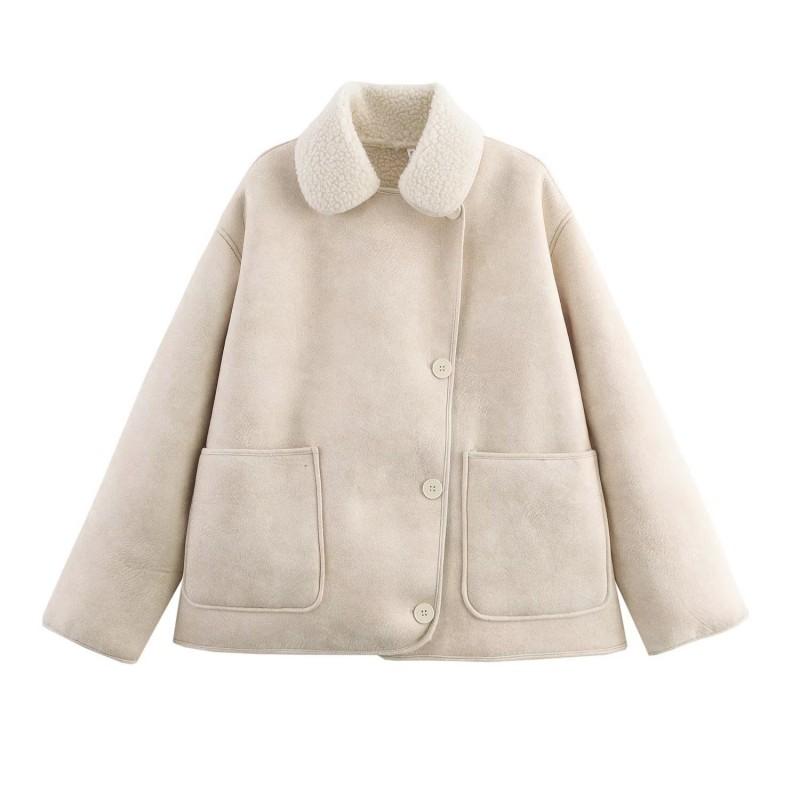 Womens Faux Fur Collar Long Sleeve Jacket In Solid Colors - Streetwear Style Regular Fit Mid-Length