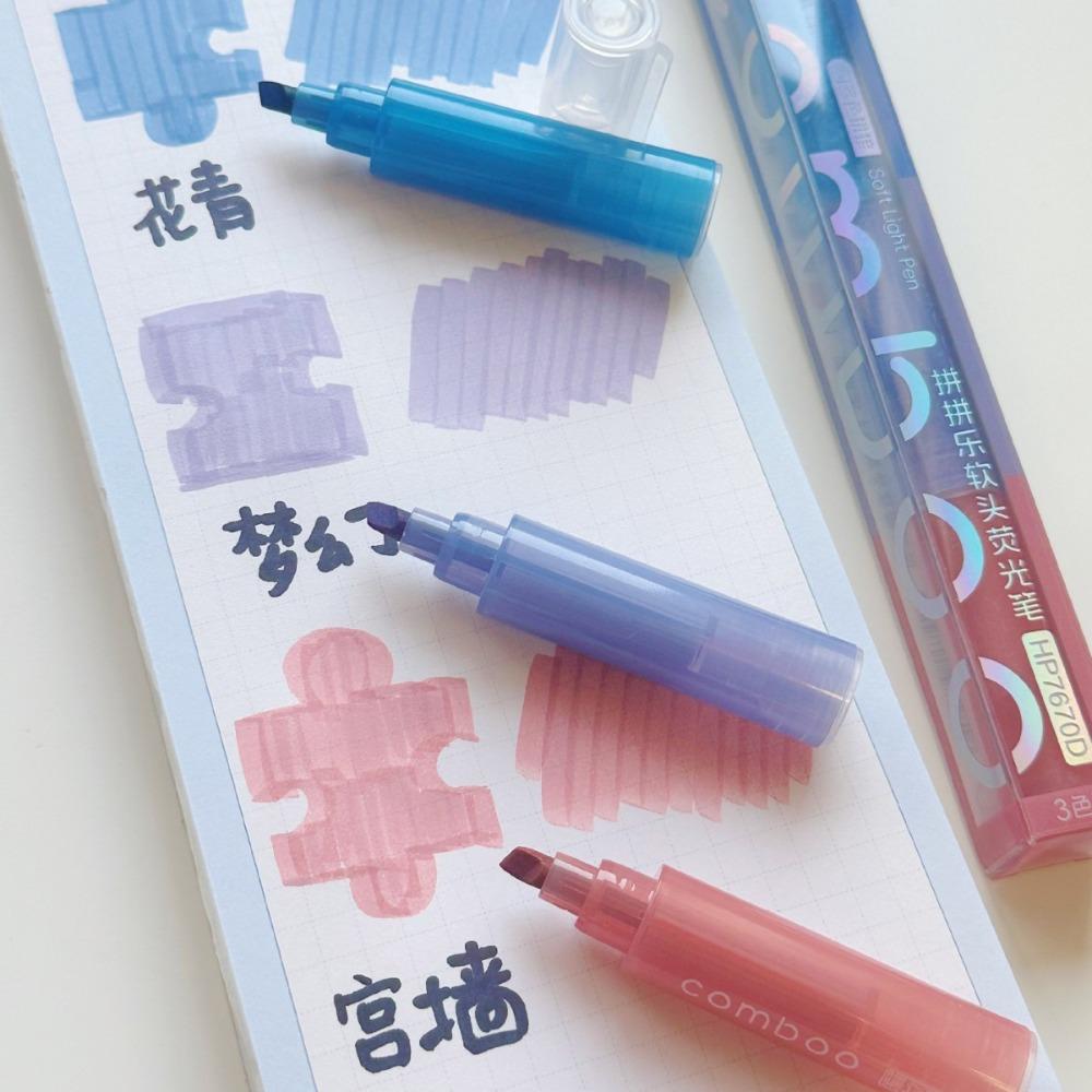 Portable 3 Colors In 1 Comboo Highlighter Pen Mild Colors Note Taking Fluorescent Marker Pen Soft Tip Marker Pens Set Study