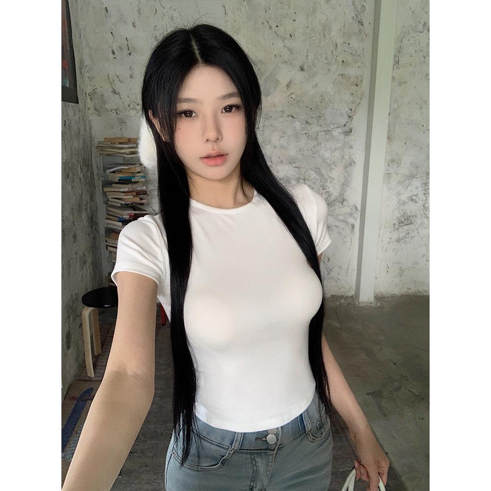 2026 European and American Trendy Women's Cropped Slim-Fit Solid Color Short-Sleeve T-Shirt