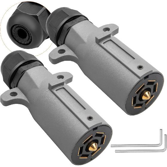 Oyviny RV 7 Pin Trailer Plug With IP68 Waterproof Seal 2PCS, Detachable 7 Way Round RV-Style Trailer Side Connector 7 Point Trailer Wiring Plug