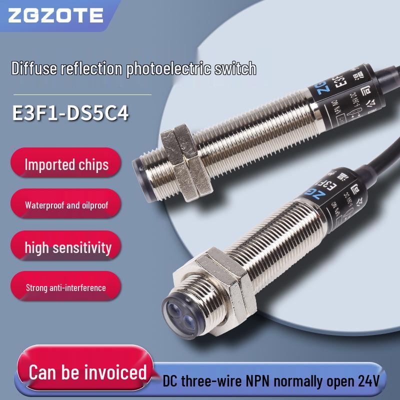 M12 Infrared Photoelectric Sensor, Diffuse Reflection, E3F1-DS5C4, DC 3-Wire NPN, Normally Open, 24V