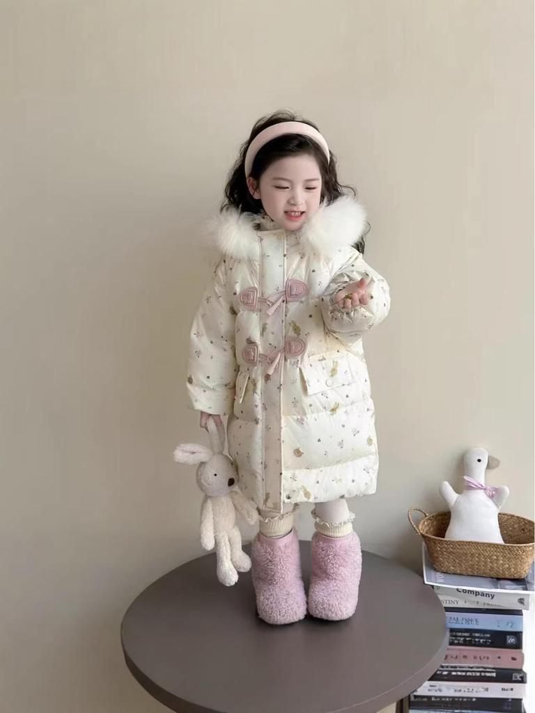 2025 Winter Girls' Mid-Length Down Jacket - Cute Hooded White Duck Down Coat