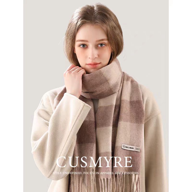 Checkerboard Grain Scarf Female Winter Warm Pure Wool Cashmere Shawl Couple Accessory Premium Sense Windproof Scarf For Women