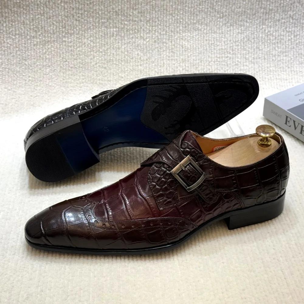 Fashion FELIX CHU Men's Genuine Leather Slip-On Formal Loafers Wingtip Brogue Wedding Dress Shoes Buckle Detail for Party Banquet