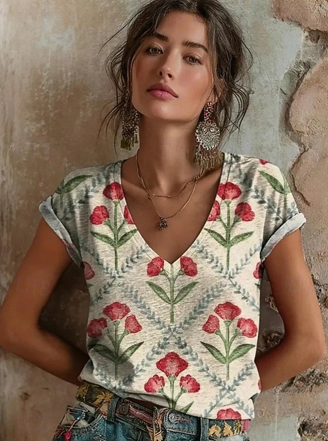 2026 Women's Tops Women's Floral T-Shirt Summer 2026 Short Sleeve Casual Loose Vintage Streetwear Fashion Clothes for Woman
