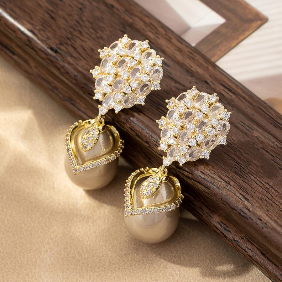 Electroplated Copper Zirconia Earrings with Imitation Pearl Drops for Women - Elegant and Luxurious Design