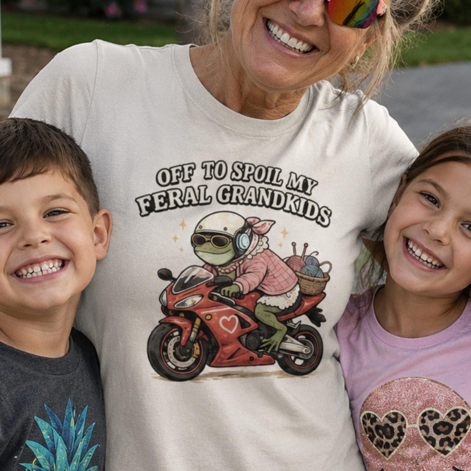 Ironic Funny Grandma Frog Shirt, Off To Spoil My Feral Grandkids Tee, Frog Grandma Motorcycle Shirt, Funny Nana Gift,Retro Frog Graphic Tee. L