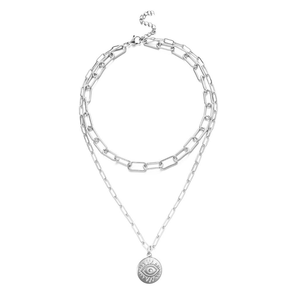 

Minimalist Stainless Steel Paperclip Chain Necklace with Evil Eye Pendant - Double Layer Women s Clavicle Necklace