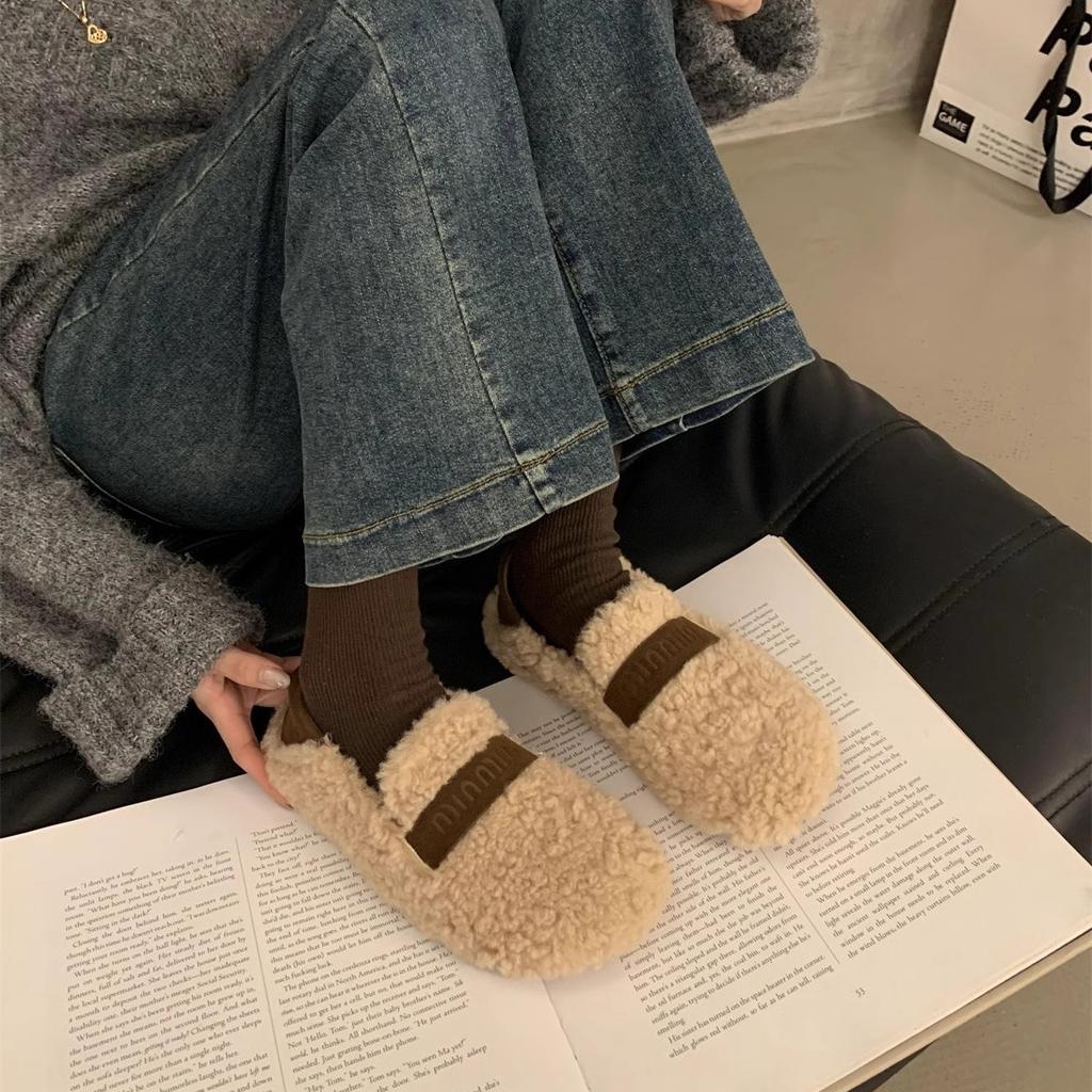 Evening wind fluffy shoes women's outer wear 2025 autumn and winter new Mary Jane plush single shoes soft sole plush warm cotton shoes