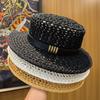 Old Money Wind Hollow Woven Flat Top Hat Women's Summer French Retro Seaside Beach Sunscreen Hat Sun Hat Straw Hat