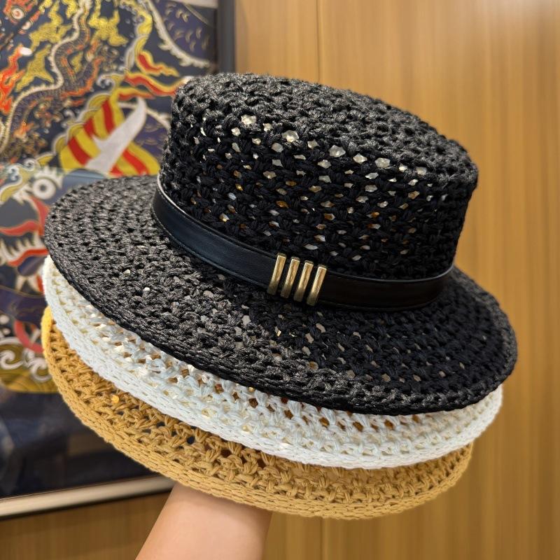 Old Money Wind Hollow Woven Flat Top Hat Women's Summer French Retro Seaside Beach Sunscreen Hat Sun Hat Straw Hat