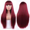 Fashion Long Straight Hair Wig with Bangs Wine Red Synthetic Fiber Wig for Women Daily Wear