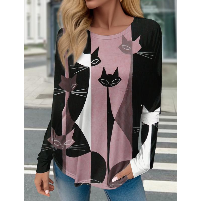 Women's T shirts 3D Print Art Design Cat Pattern Long Sleeve Daily Weekend Fashion Funny Round Neck Regular Fit Spring & Fall