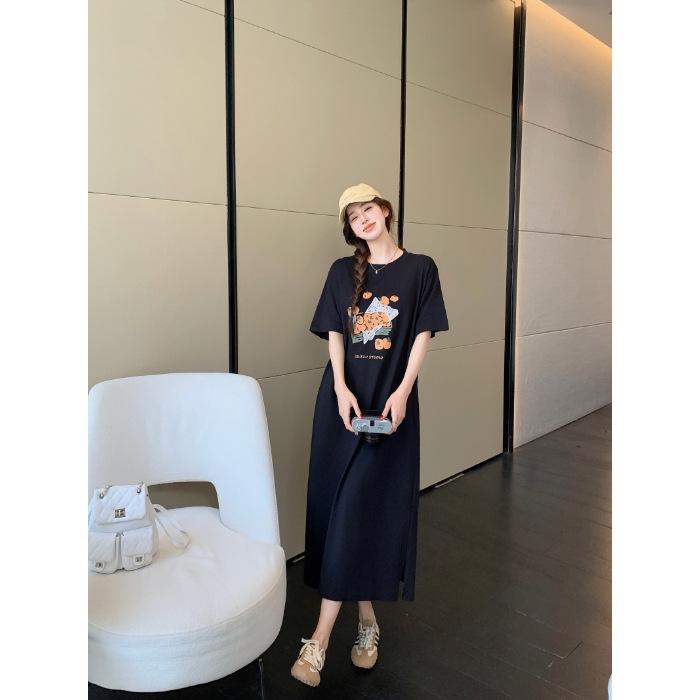 Lazy Wind Korean Short-sleeved Dress Women's Clothing Summer Loose and Thin Straight Casual Round Neck Long T-shirt Skirt