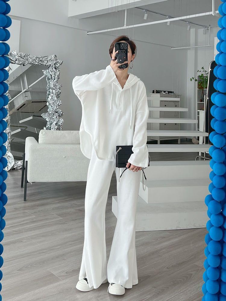 Long Sleeve Hoodie and Loose Perfect for Sports or Solid Simple and Perfect for and Fall [NOLCCTN] Women's 2-Piece Set Wide-Leg Pants, Fit,