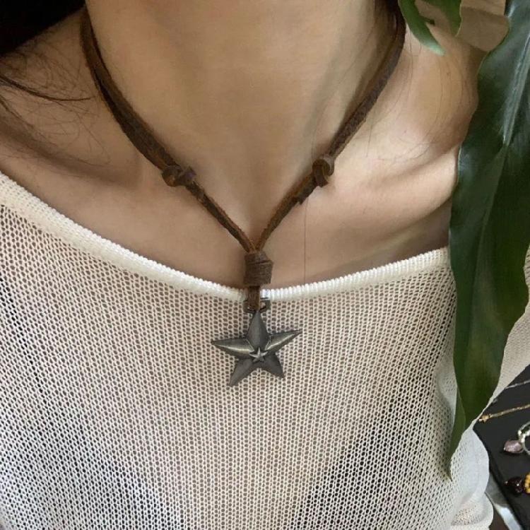 Adjustable Leather Rope Star Pendant Necklace for Women Vintage Ethnic Style