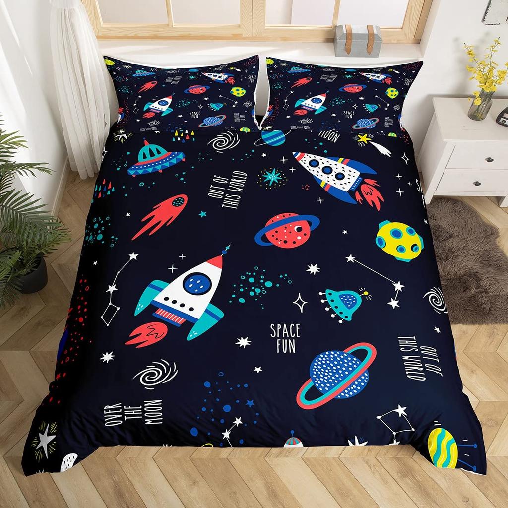 Kids Rocket Duvet Cover Twin Boys Space Planet Theme Bedding Set 3pcs Set Watercolor Spaceship Stars Universe Comforter Cover