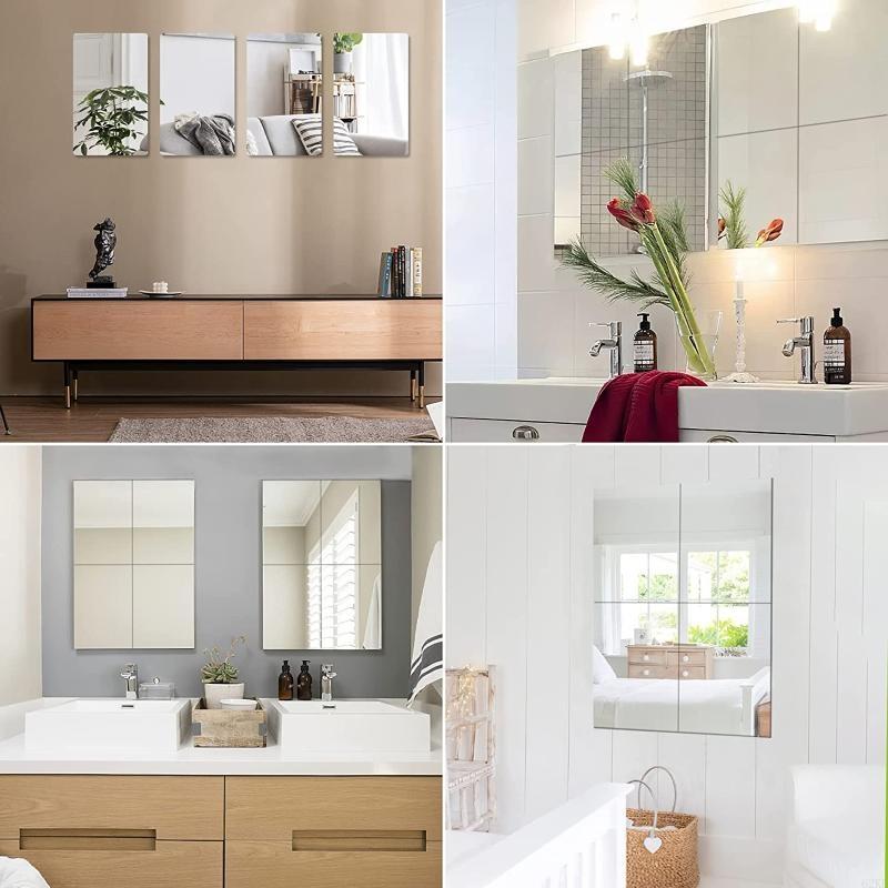 62KD 4pcs Acrylic Mirror Sheets Flexible Non Glass Mirror Tiles with 16pcs Adhesive Stickers for Home Wall Decor