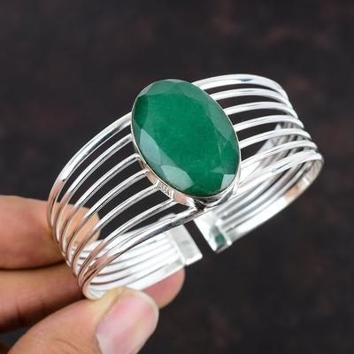 Pulseira de punho de esmeralda zambiana facetada Pulseira de pedra preciosa Pulseira de prata esterlina 925 Pulseira ajustável Feita à mão Jóias incríveis Presentes para amigos