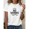 NO WORRIES Letter Print T-Shirt, Short Sleeve Crew Neck Casual Top for Summer & Spring, Women'S Clothing