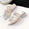 Cool slippers two wearing style summer thick heel transparent women's new bow sandals outside wearing fairy fashion