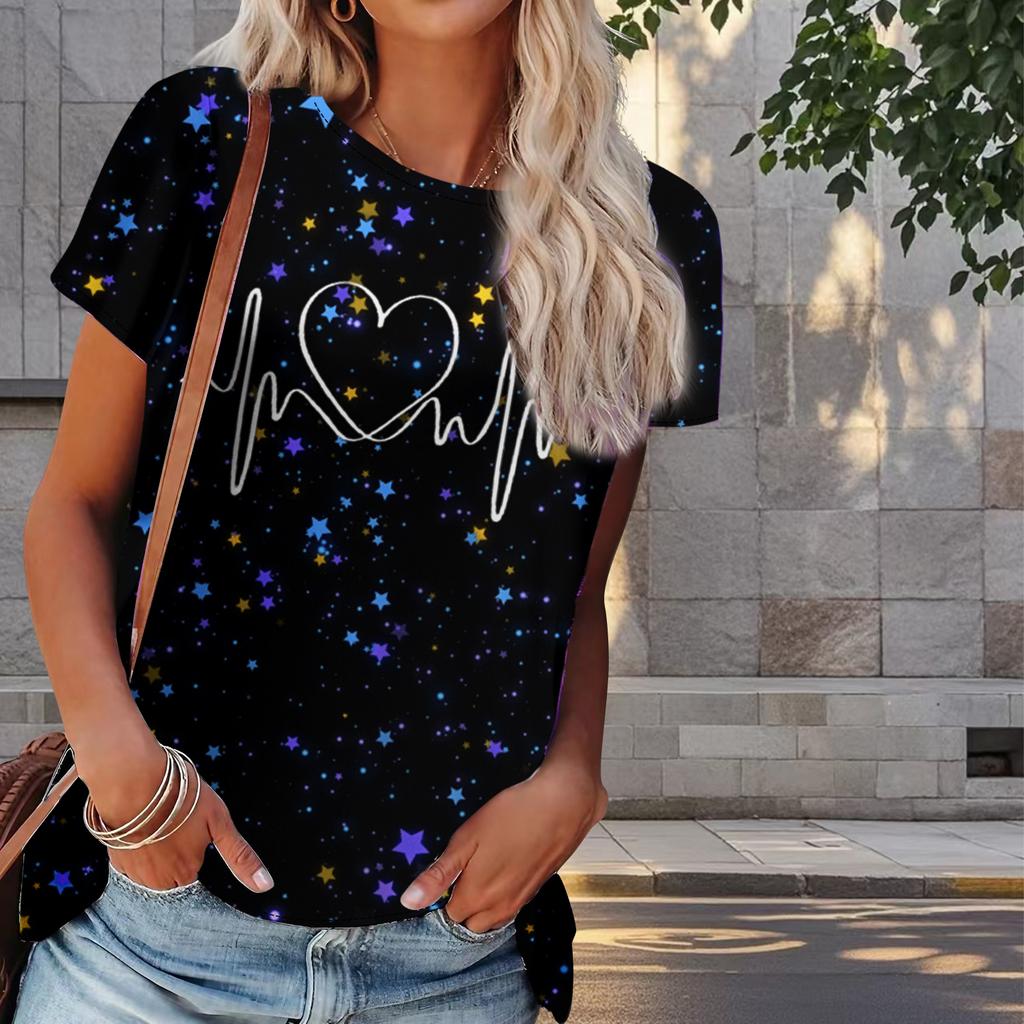 Damen Sommer T-Shirt Herzschlag der Liebe Print Retro Mode Kurzarm T-Shirts Lässig Bedruckte Oberteile