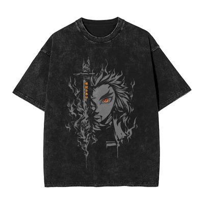 Washed T Shirt Kyojuro Rengoku Hip Hop Retro T-Shirts Oversize Kimetsu No Yaiba Manga Streetwear Cotton Summer Tees Men Women