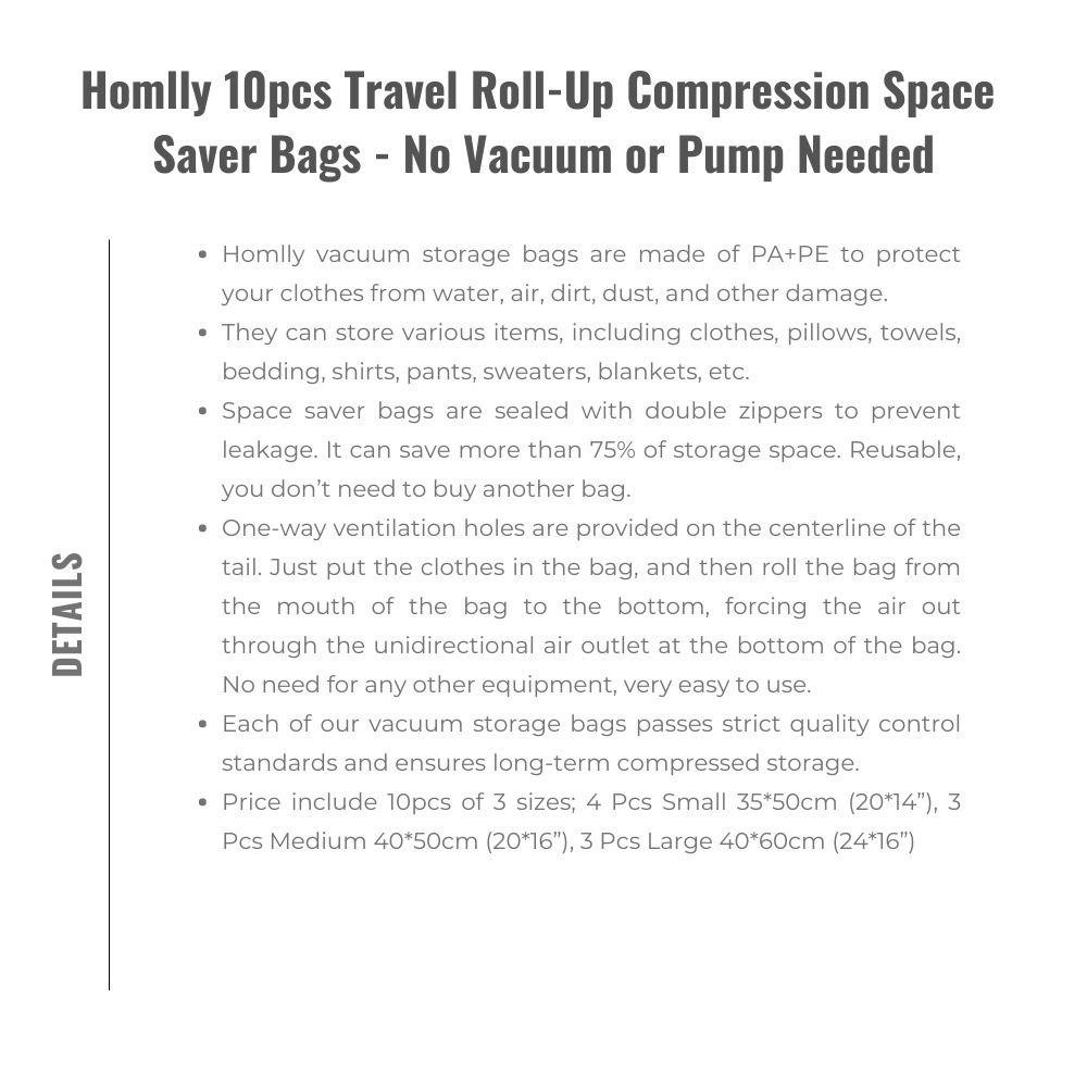 Homlly 10pcs Travel Roll-Up Compression Space Saver Bags - No Vacuum or Pump Needed