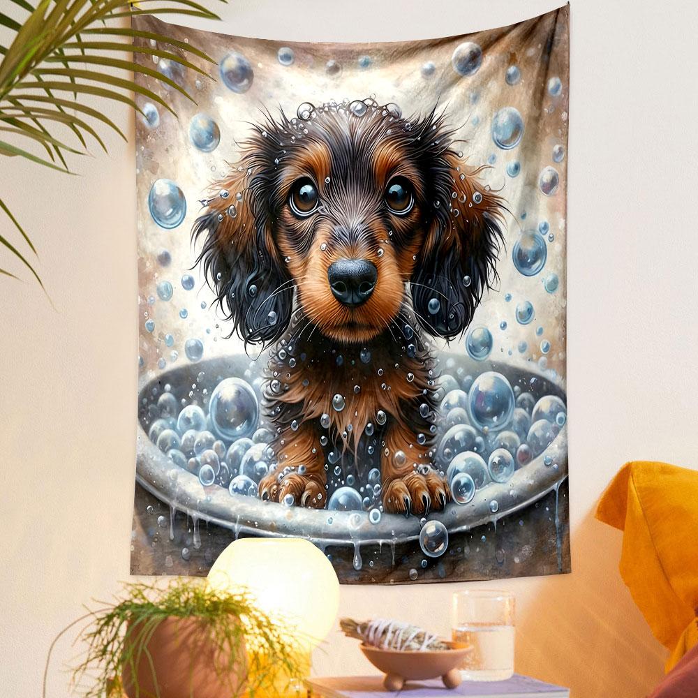 Cute Dachshund Puppy in Bubble Bath Patterned Tapestry Decorative Wall Hanging, Home Bedroom Living Room Decor