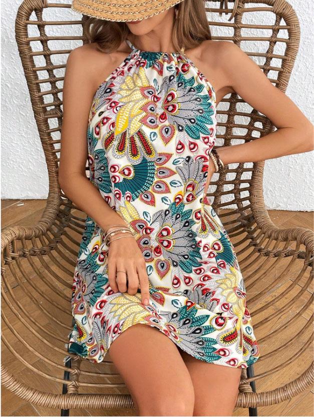 Feather Print Halterneck Camisole Dress - Women's Spring/Summer Vacation Beachwear