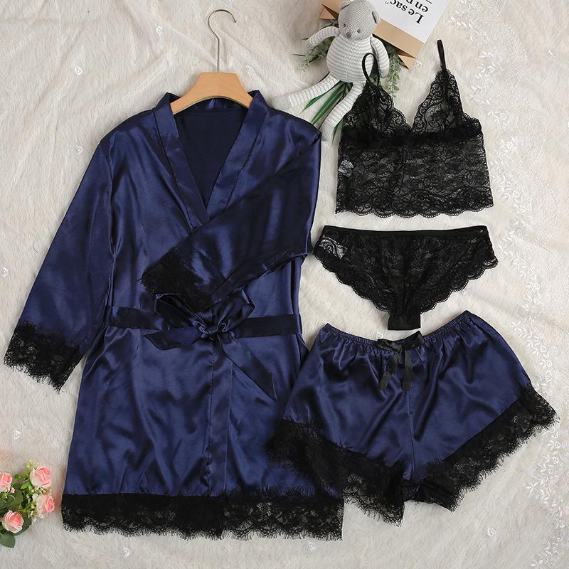 Plus Size Women's 4-Piece Lace Pajama Set: Robe, Shorts, and Camisole In European & American Style