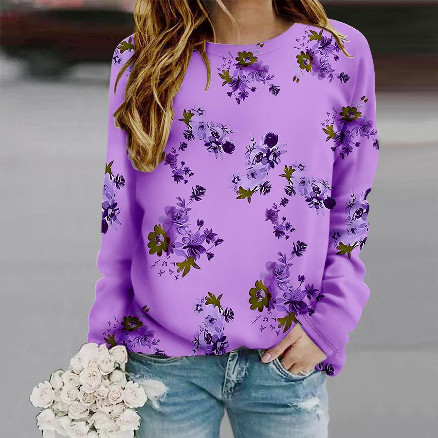 

Топы для женщин Красивая роза Принт Круглый вырез Длинный рукав Футболка Осенний повседневный тонкий пуловер Женский длинный рукав Топ 4XL фиолетовый