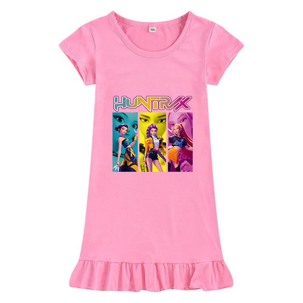 M1236 Kids Girls Kpop Rumi Zoey Mira Print Short Sleeves Ruffle Dress