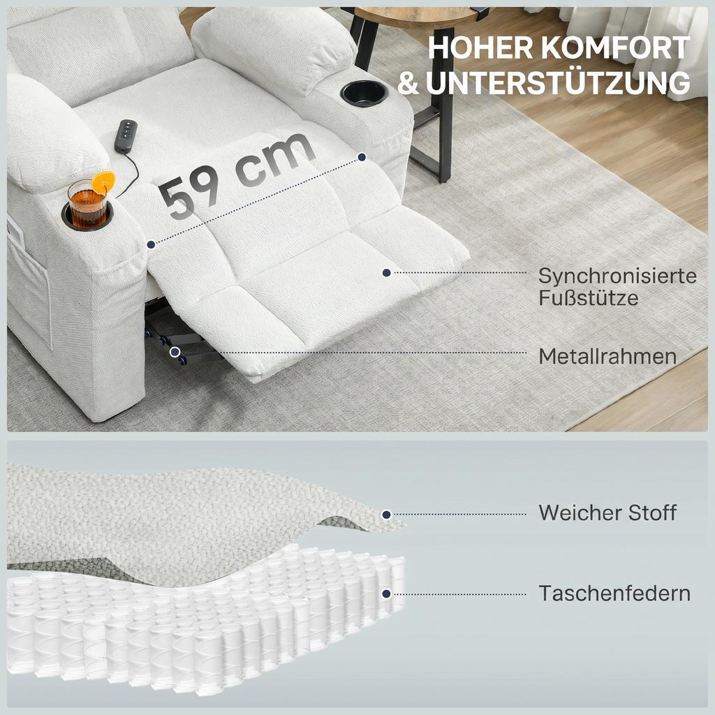 Electric Recliner Chair, USB Port, Footrest, Cup Holders, 94 x 90 x 105 cm, Cream