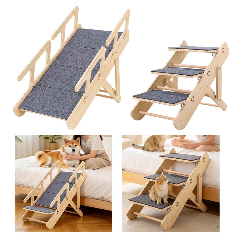 Wooden Pet Stair Portable Stable 2 in 1 for Cars Small and Older Animals 4 steps